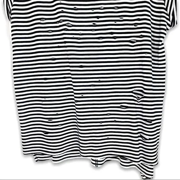 able Striped Distressed Slashed Rolled Sleeve Top - Picture 5 of 8